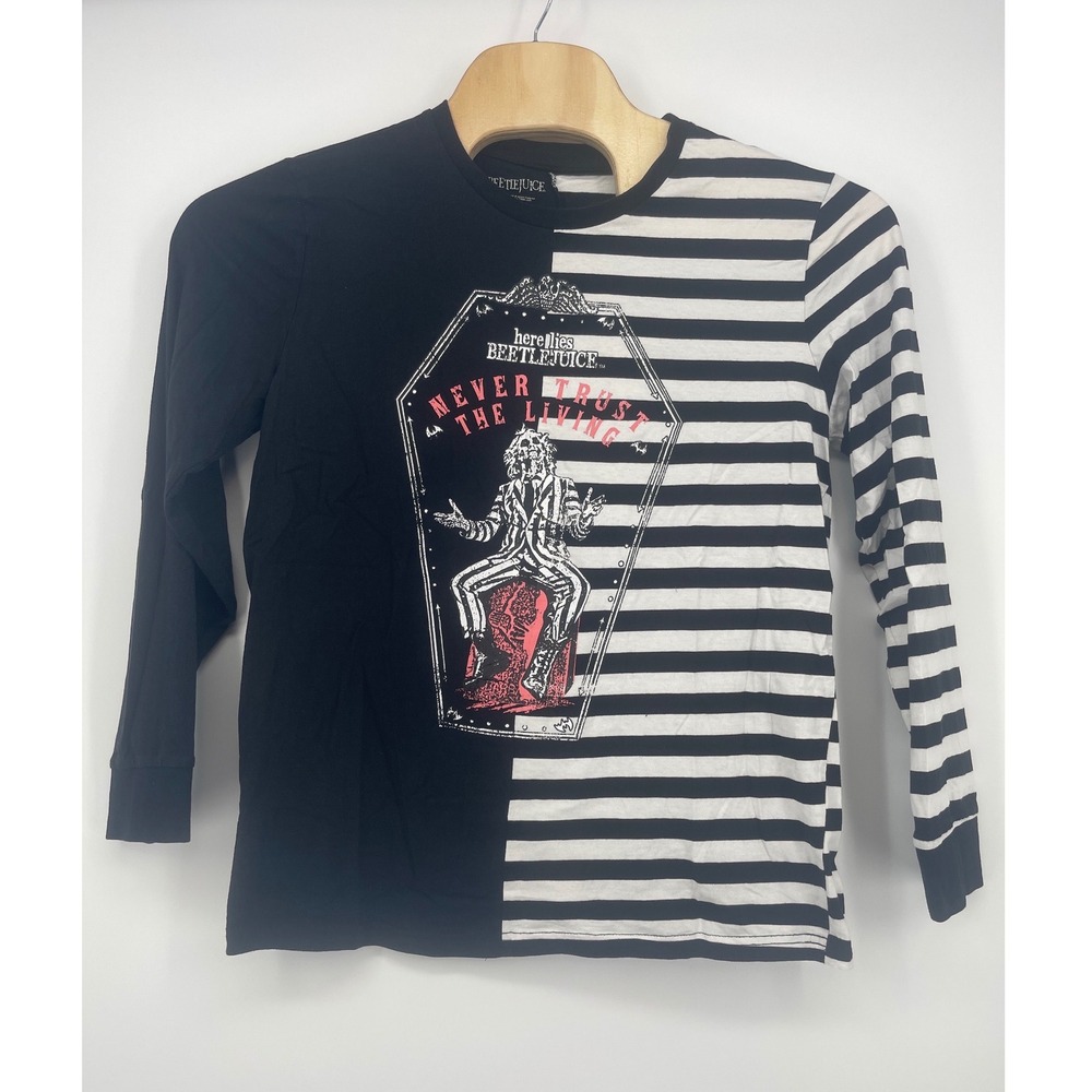 Beetlejuice T-Shirt Long Sleeve Split Stripe Never Trust The Living Mens Medium